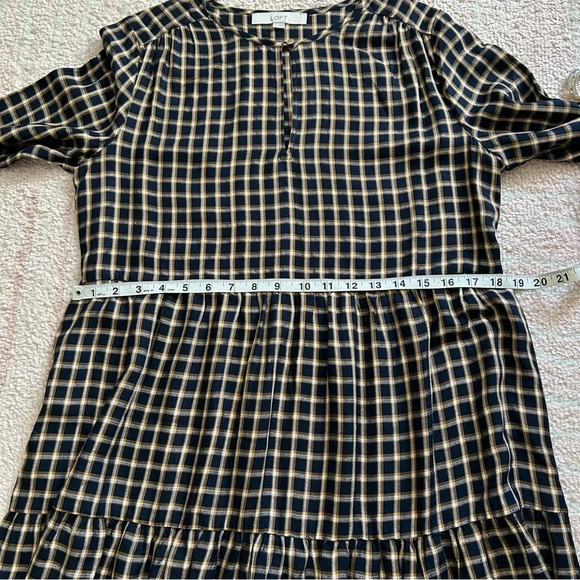 NWOT Loft Navy and Mustard Plaid Tiered Midi Dress Gold Accents Size Small Fall - Picture 7 of 9